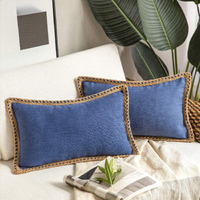 Phantoscope Pack Of 2 Farmhouse Decorative Solid Throw Decorative Pillow Cover Burlap Linen Trimmed Tailored Edges Navy Blue 12 X 20 Inches, 30 X 50 Cm