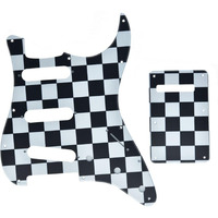 Kaish 11 Hole St/Strat Style Pickguard Sss Pick Guard With St Back Plate Tremolo Trem Cover For Usa/Mexico Stratocaster/Strat Black/White Grid