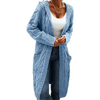 Women Hooded Open Front Cardigan Cable Knit Sweaters Solid Color Chunky Long Sweater Coats Sky Blue