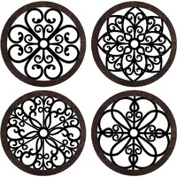 Yulejo 4 Pcs Thicken Rustic Wall Decor Farmhouse Wall Art Wooden Hollow Carved Design Decor Rustic Round Wall Art For Living Room Bedroom Hallway Decor Kitchen Wall (Black, Brown,9.8 X 9.8 Inch)