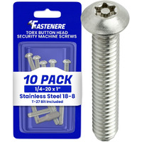 Fastenere Torx Security Machine Screws - 1/4-20 X 1 (10-Pack) Stainless Steel, Tamper-Resistant, Button Head Screws, Bolt Screw For Higher Level Of Safety & Theft Prevention
