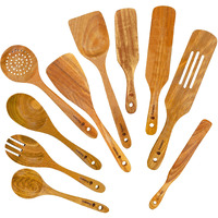 Wooden Kitchen Utensil Set  10 Pcs Of Different Wooden Spoons, Wooden Spatulas And Wooden Spurtles For Cooking In Nonstick Cookware