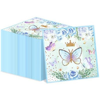 100Pcs Butterfly Napkins, 13 X 13 Inches Blue Floral Paper Napkins, Spring Flower Party Napkins, Decorative Paper Napkins For Wedding Floral Spring Butterfly Birthday Decorations