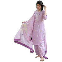 Gosriki Women's Rayon Blend Hand Printed Straight Kurta With Pants And Dupatta, Purple, Small