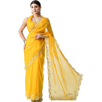 The Weavers Shop By Raavi Pure Organza Gotta Paati Hand Embroidery Saree Yellow