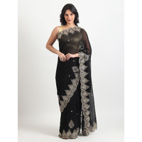 The Weavers Shop By Raavi Pure Georgette Cut Work With Sequin Handwork Embroidered Saree With Unstitched Blouse - Black