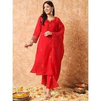 NAVLIK Women's Chanderi Silk Embroidered Straight Kurta with Pant And Dupatta Sets (NK2-426) (Size: Large, Color: Gajri)