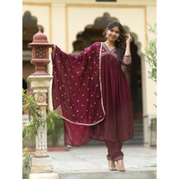 Navlik Women's Wine Vichitra Silk Embroidered A-line Kurta with Vichitra Silk Pant and Chinon Embroidered Dupatta Sets (Size: Large, Color: Wine)