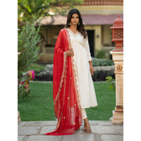 Navlik Women's Chanderi Embroidered Flared Kurta with Pant and Dupatta Sets (NK-463) (Size: Medium, Color: Red)