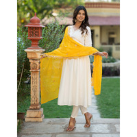 Navlik Women's Chanderi Embroidered Flared Kurta with Pant and Dupatta Sets (NK-463) (Size: Medium, Color: Yellow)