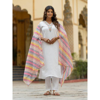 Navlik Women's Rayon Embroidered Straight Kurta with Pant And Dupatta Sets (NK-504) (Size: Small, Color: Off White)