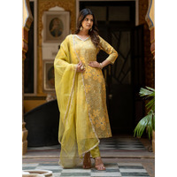 Navlik Women's Rayon Embroidery Printed Straight Kurta with Pant and Dupatta Sets (NK-510) (Size: XX-Large, Color: Lemon Yellow)