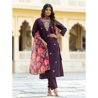 Navlik Women's Rayon Embroidery Printed Straight Kurta with Pant and Dupatta Sets (NK-513) (Size: XXX-Large, Color: Wine)