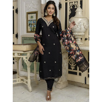 Navlik Women's Rayon Slub Embroidered Straight Kurta with Pant and Dupatta Sets (NK-542) (Size: Medium, Color: Black)