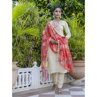 Navlik Women's Chanderi Silk Embroidered Straight Kurta with Pant and Dupatta Sets (NK-547) (Size: XXX-Large, Color: Cream)