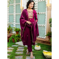 Navlik Women's Rayon Slub Embroidered Straight Kurta with Pant And Dupatta Sets (NK-554) (Size: Large, Color: Wine)