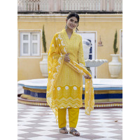 Navlik Women's Rayon Printed Straight Kurta with Pant and Dupatta Sets (NK-558) (Size: Medium, Color: Yellow)