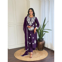 Navlik Women's Pure Cotton Embroidered Straight Kurta with Pant And Dupatta Sets (NK-574) (Size: X-Large, Color: Violate)