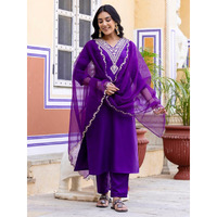Navlik Women's Violate Rayon Slub Embroidered Straight Kurta with Rayon Slub Pant and Organza Laced Dupatta Sets (NK-575) (Size: XXX-Large, Color: Violate)