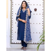 Navlik Women's Viscose Silk Embroidered Straight Kurta with Pant And Dupatta Sets (NK-586) (Size: X-Large, Color: Petrol)