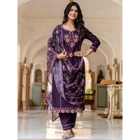 Navlik Women's Chanderi with Cotton Lining Embroidered Straight Kurta with Pant And Dupatta Sets (NK-590) (Size: XXX-Large, Color: Wine)