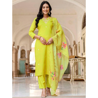 Navlik Women's Lemon Yellow Rayon Slub Embroidered Straight Kurta with Rayon Slub Pant And Pure Organza Printed Dupatta Sets (NK-598) (Size: Large, Color: Lemon Yellow)