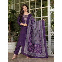 Navlik Women's Rayon Slub Embroidered Straight Kurta with Pant And Dupatta Sets (NK-607) (Size: Large, Color: Wine)