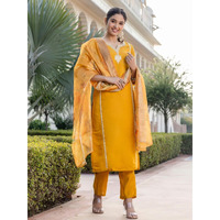 Navlik Women's Chanderi Viscose with full Inner Embroidered Straight Kurta with Pant And Dupatta Sets (NK-611) (Size: Large, Color: Yellow)