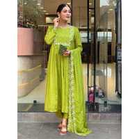 Women's Chinon with Cotton Lining Embroidered Flared Kurta with Pant And Dupatta Sets (NK-616) (Size: XX-Large, Color: Lemon)