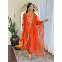 Navlik Women's Orange Vichitra Silk Embroidered Straight Kurta with Vichitra Silk Pant And Organza Embroidered Dupatta Sets (NK-618) (Size: Small, Color: Orange)