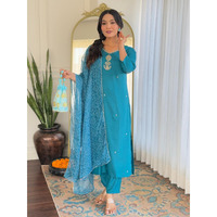 Navlik Women's Gajri Rayon Embroidered Straight Kurta with Rayon Pant and Taby Laced Dupatta Sets (NK-623) (Size: Large, Color: Sky)