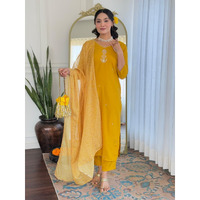 Navlik Women's Gajri Rayon Embroidered Straight Kurta with Rayon Pant and Taby Laced Dupatta Sets (NK-623) (Size: Large, Color: Yellow)