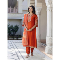 Navlik Women's BSY Viscose Embroidered Straight Kurta with Pant And Dupatta Sets (NK-642) (Size: Large, Color: Orange)