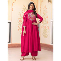 Navlik Women's Red Vichitra Silk Embroidered Flared Kurta with Rayon Pant and Chinon Embroidered Dupatta Sets (NK-643) (Size: XXX-Large, Color: Red)