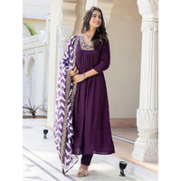 Navlik Women's Wine BSY Viscose Embroidered A-Line Kurta with BSY Viscose Pant and Taby Laced Dupatta Sets (NK-647) (Size: Small, Color: Wine)