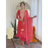 Navlik Women's Vichitra Silk Embroidery Printed Straight Kurta with Pant and Dupatta Sets (NK-648) (Size: Large, Color: Red)