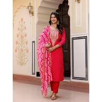 Navlik Women's Vichitra Silk Embroidery Printed Straight Kurta with Pant and Dupatta Sets (NK-648) (Size: X-Large, Color: Red)