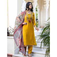 Navlik Women's Mustard BSY Viscose Embroidered Straight Kurta with BSY Viscose Pant and Art Silk Printed Dupatta Sets (NK-650) (Size: Large, Color: Mustard)