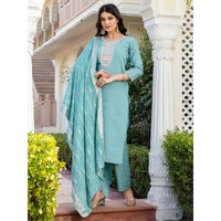 Navlik Women's Sky Chanderi Embroidered Straight Kurta with Chanderi Pant and Viscose Jacquard Printed Dupatta Sets (NK-651) (Size: Small, Color: Sky)