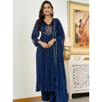 Navlik Women's Silk Chiffon Embroidered A-Line Kurta with Pant And Dupatta Sets (NK-661) (Size: XXX-Large, Color: Petrol)