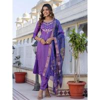 Navlik Women's Viscose Embroidered Straight Kurta with Pant and Dupatta Sets (NK-665) (Size: Medium, Color: Purple)