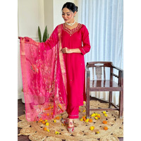 Navlik Women's Rayon Slub Embroidered Straight Kurta with Pant and Dupatta Sets (NK-672) (Size: XXX-Large, Color: Red)
