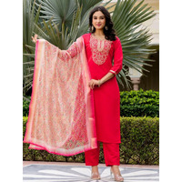 Navlik Women's Rayon Slub Embroidered Straight Kurta with Pant and Dupatta Sets (NK-676) (Size: XX-Large, Color: Red)