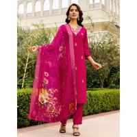 Navlik Women's Viscose Embroidered Straight Kurta with Pant and Dupatta Sets (NK-690) (Size: XX-Large, Color: Gajri)