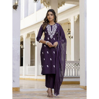 Navlik Women's Cotton Embroidered Straight Kurta with and Dupatta Sets (NK-691) (Size: XXX-Large, Color: Violate)