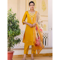 Navlik Women's Viscose Embroidered Straight Kurta with Pant and Dupatta Sets (NK-692) (Size: X-Large, Color: Mustard)