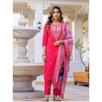 Navlik Women's Viscose Embroidered Straight Kurta with Pant and Dupatta Sets (NK-694) (Size: XX-Large, Color: Rani)