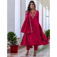 Navlik Women's Vichitra Silk Embroidered Straight Kurta with Pant and Dupatta Sets (NK-695) (Size: Medium, Color: Rani)