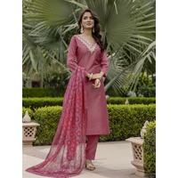 Navlik Women's Rayon Embroidered Straight Kurta with Pant and Dupatta Sets (NK-698) (Size: Large, Color: Gajri)