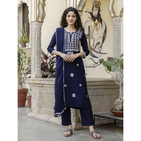 Navlik Women's Rayon Embroidered Straight Kurta with Rayon Pant and Nazneen Laced Dupatta Sets (NK- 702) (Size: Large, Color: Navy Blue)
